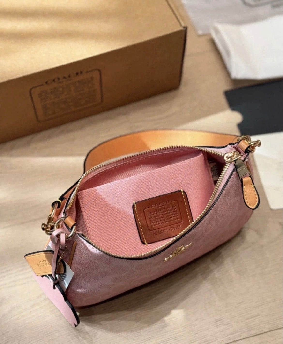 Coach Teri Shoulder Bag Signature Canvas Charms Gold/Powder PinkCEA20