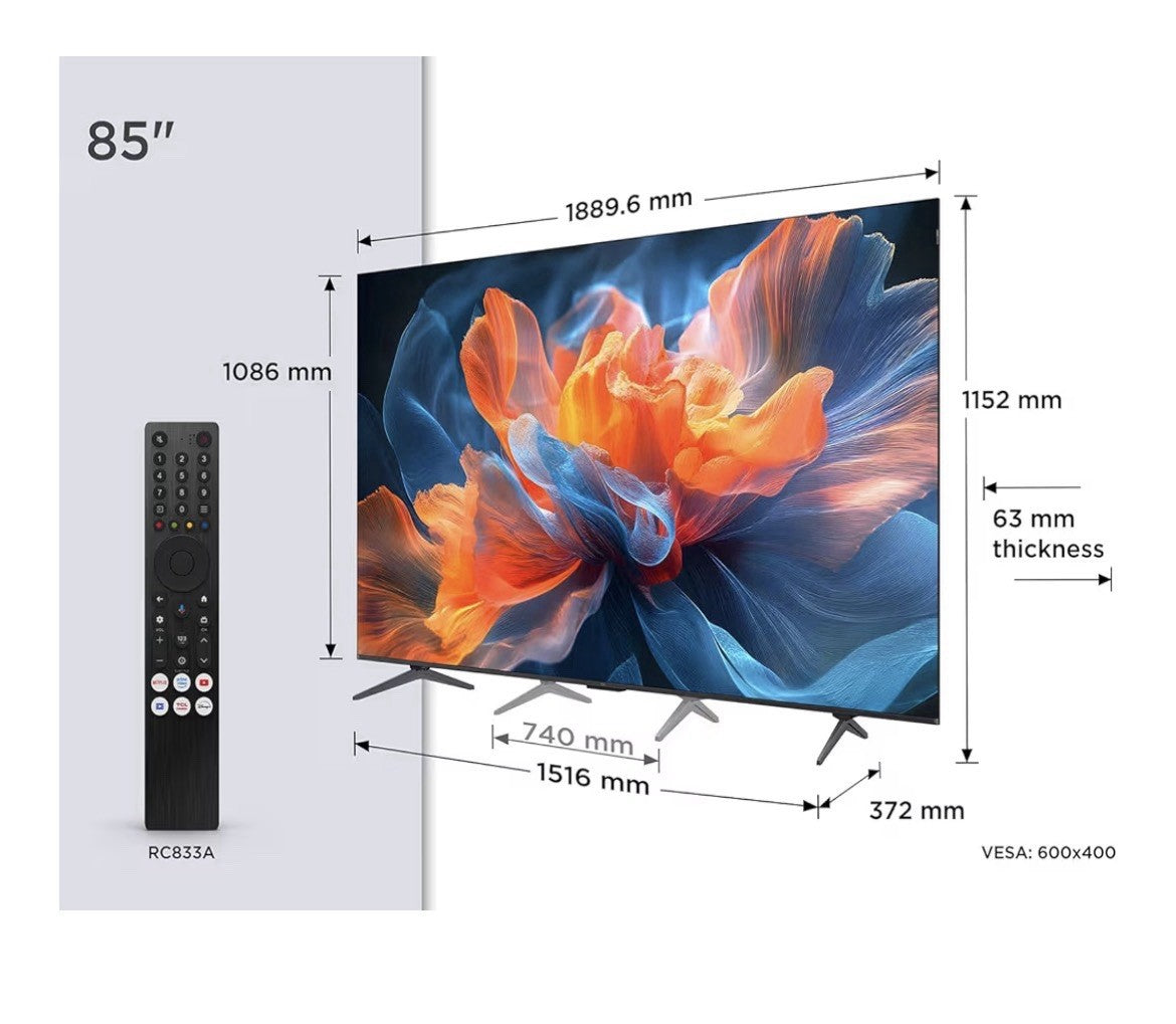 TCL 85P8K-UK 85 Inch QLED Smart TV, 4K HDR Pro, AiPQ Processor, Game Master