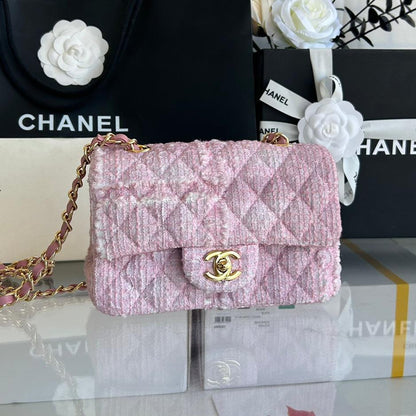 2020 Pink & Grey Tweed Double Flap Shoulder Bag