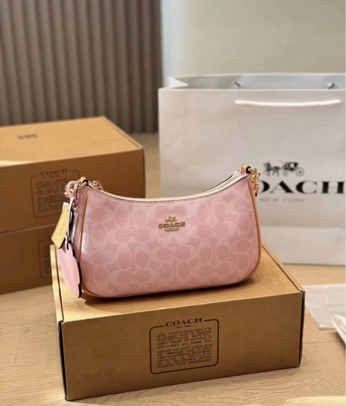 Coach Teri Shoulder Bag Signature Canvas  Charms Gold/Powder PinkCEA20